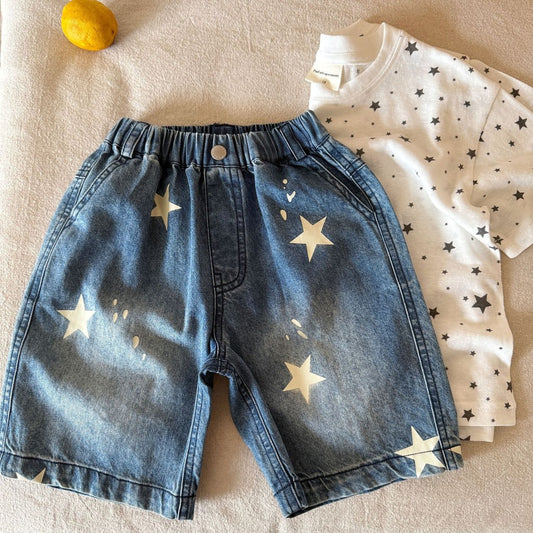 IRIS KIDS Starlight Denim Shorts — kids star-print denim shorts, product photo 1 of 6