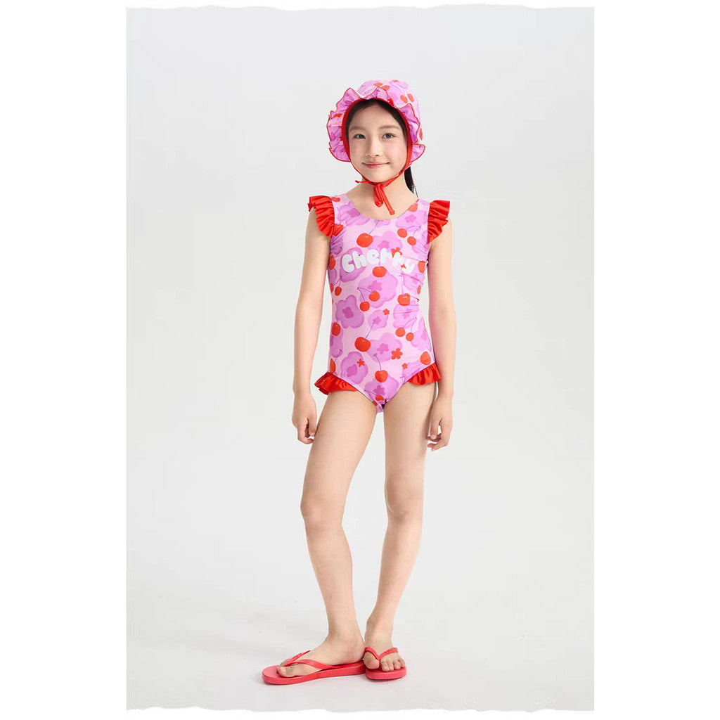 IRIS KIDS Cherry Swimming Set — girls one-piece swimsuit with cap, product photo 4 of 10