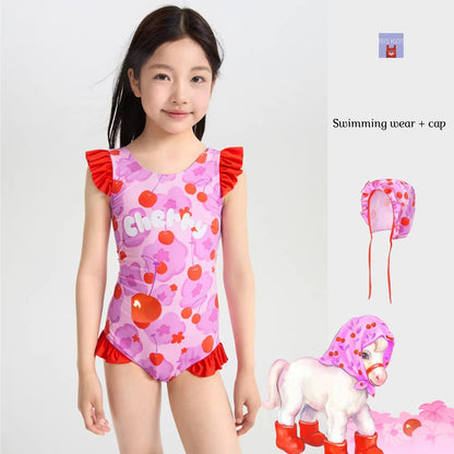 IRIS KIDS Cherry Swimming Set — girls one-piece swimsuit with cap, product photo 1 of 10