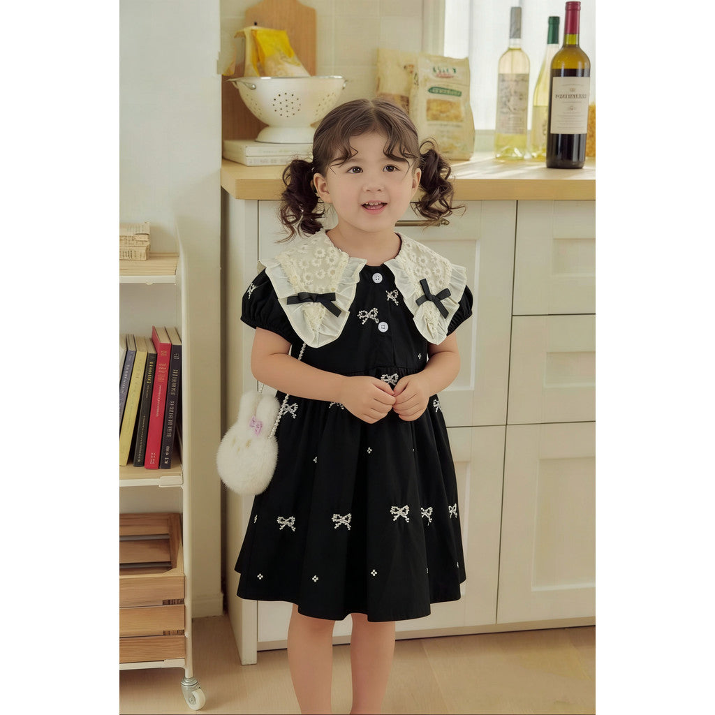 IRIS KIDS Midnight Bow Dress — girls black dress with lace collar, product photo 2 of 10