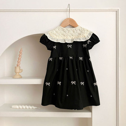 IRIS KIDS Midnight Bow Dress — girls black dress with lace collar, product photo 8 of 10