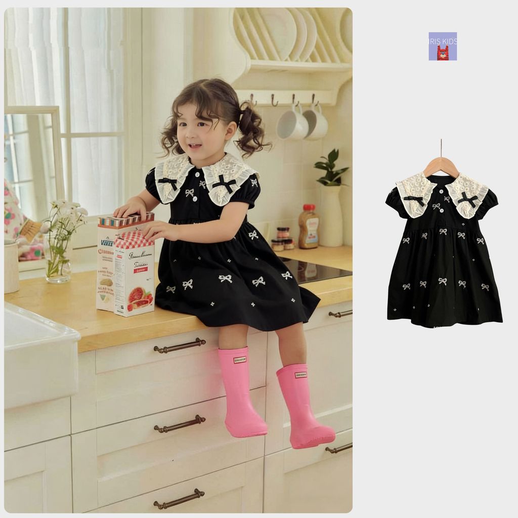 IRIS KIDS Midnight Bow Dress — girls black dress with lace collar, product photo 1 of 10