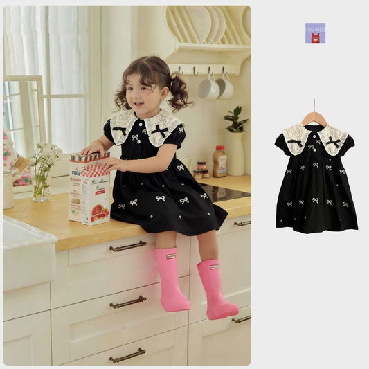IRIS KIDS Midnight Bow Dress — girls black dress with lace collar, product photo 1 of 10