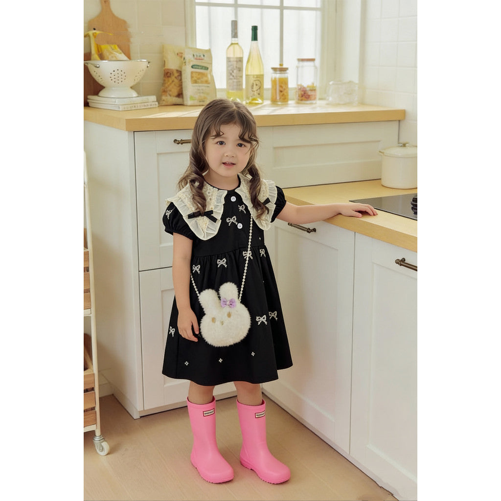 IRIS KIDS Midnight Bow Dress — girls black dress with lace collar, product photo 7 of 10