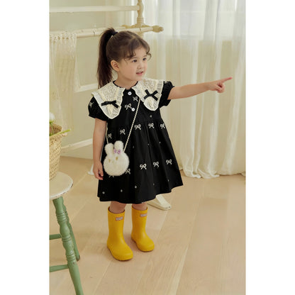 IRIS KIDS Midnight Bow Dress — girls black dress with lace collar, product photo 3 of 10