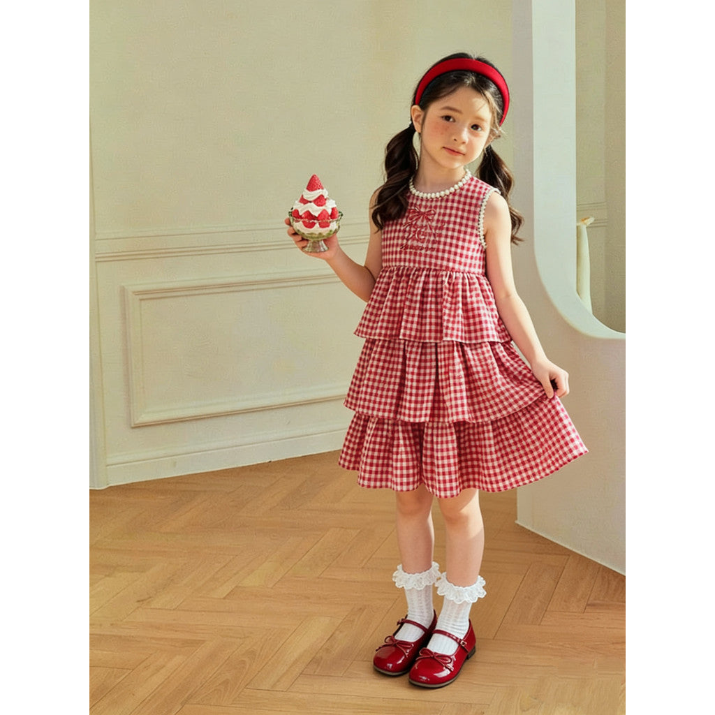 IRIS KIDS Cute Check Dress — girls red plaid dress, product photo 3 of 9
