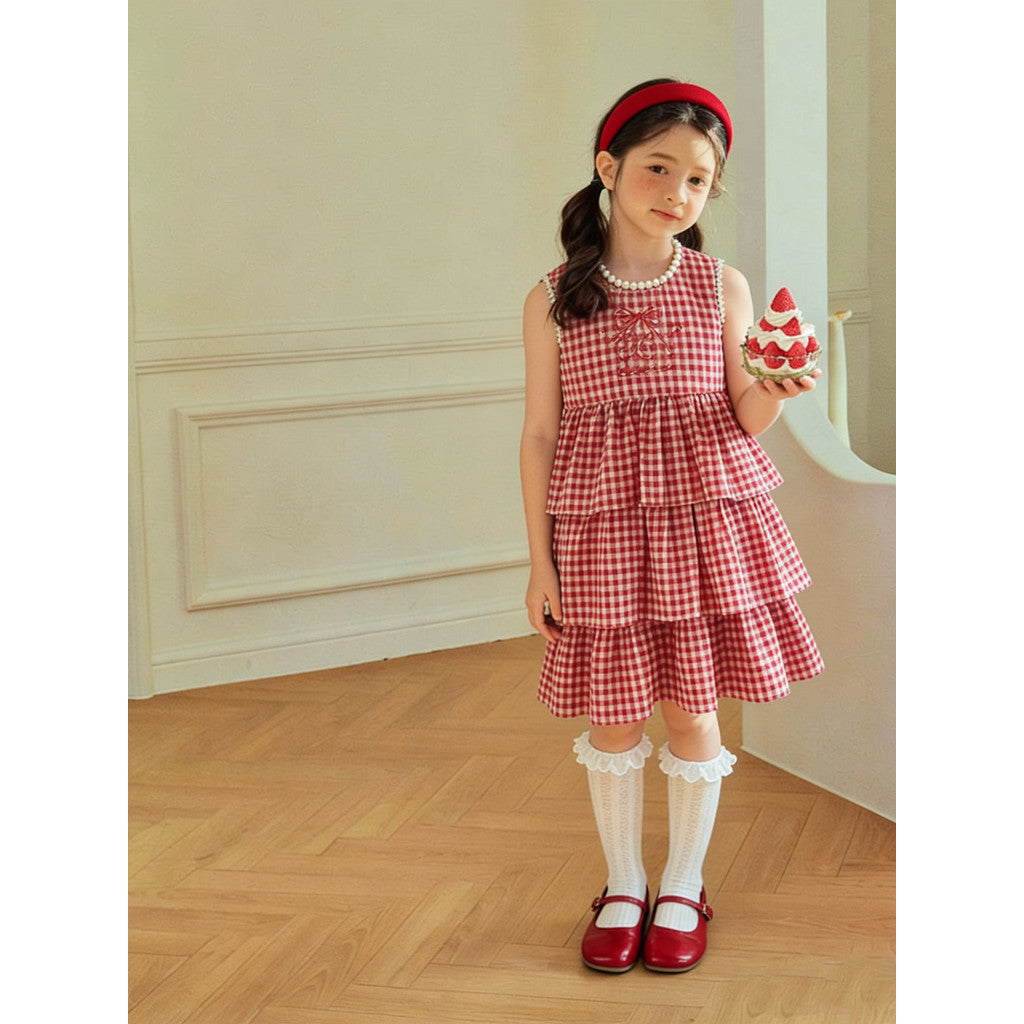 IRIS KIDS Cute Check Dress — girls red plaid dress, product photo 2 of 9