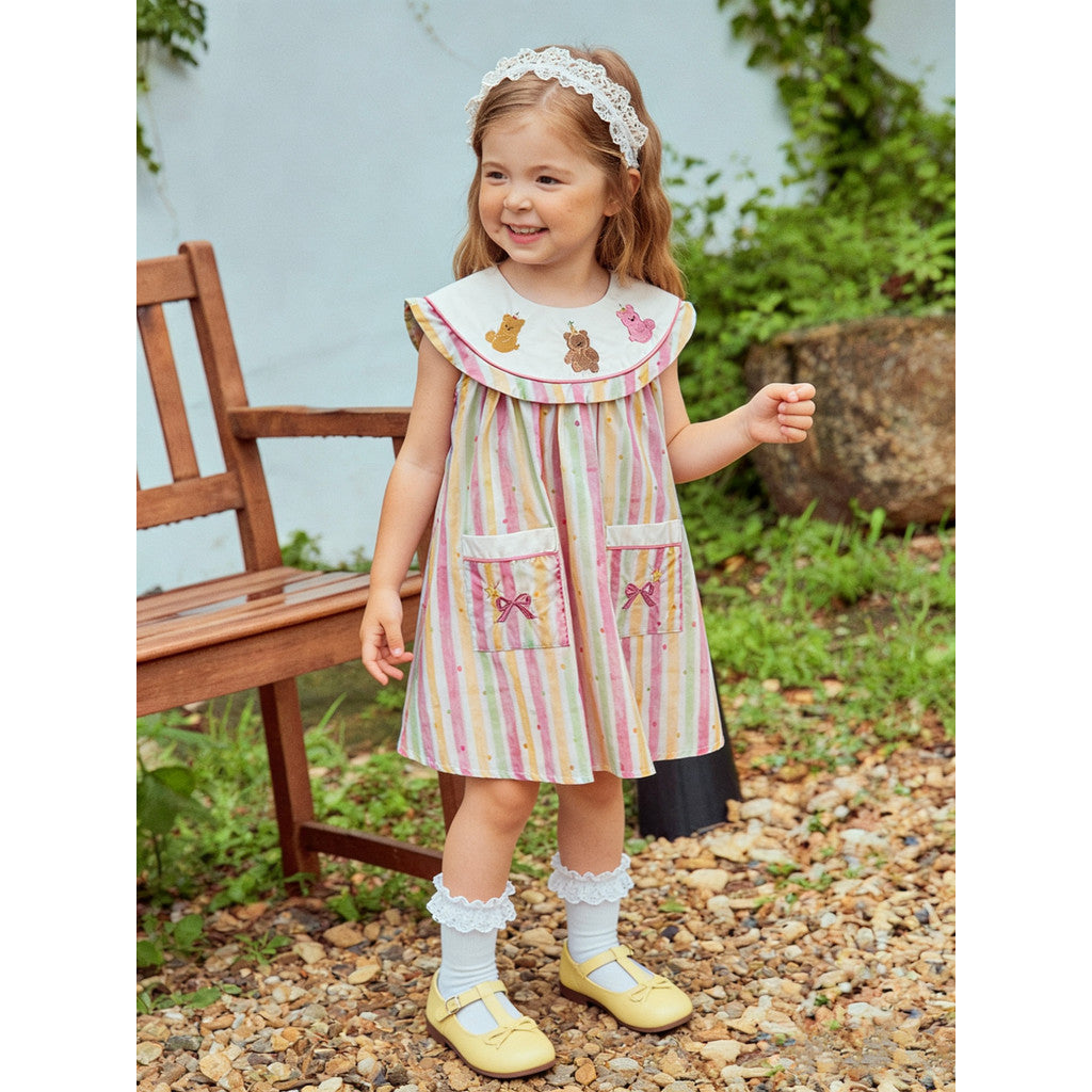 IRIS KIDS Pastel Bear Dress — girls embroidered bear dress, product photo 8 of 9