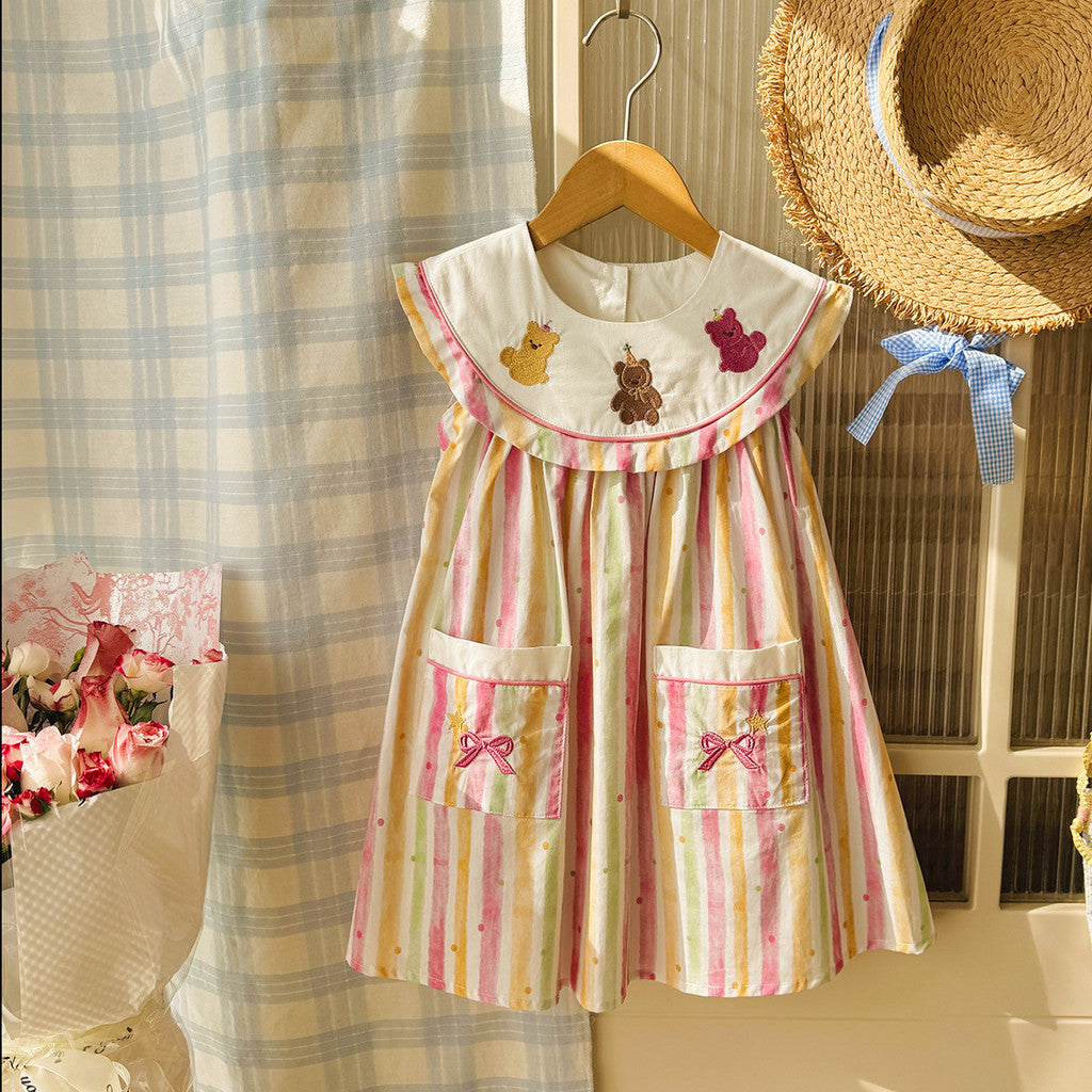 IRIS KIDS Pastel Bear Dress — girls embroidered bear dress, product photo 5 of 9